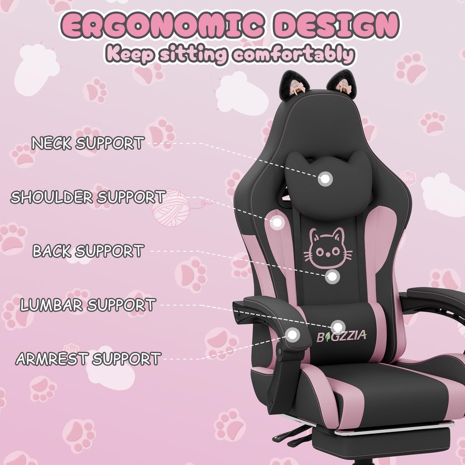 Gaming Chairs - bigzzia Gaming Chair with Massage Function and Footrest - Ergonomic Gaming Chair for Girls & Adults, Gamer Chair Head & Lumbar Support with Cat Ears (Black/Pink) – Bild 6