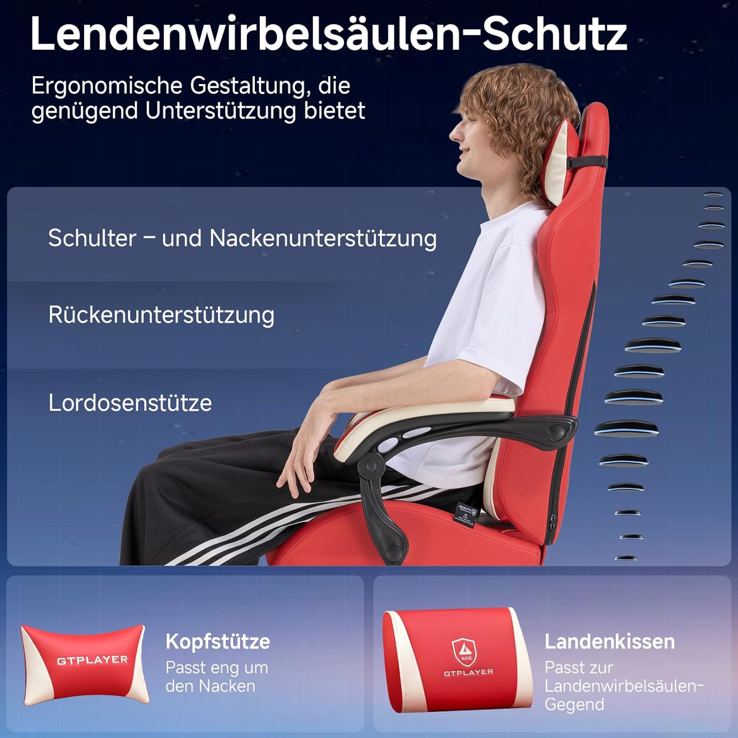 Gaming Chairs - GTPLAYER Gaming Chair, Ergonomic Gamer Chair Made of PU Leather with Lumbar Support, PC Chair with Widened Backrest, Maximum Load 150 kg, Red – Bild 8