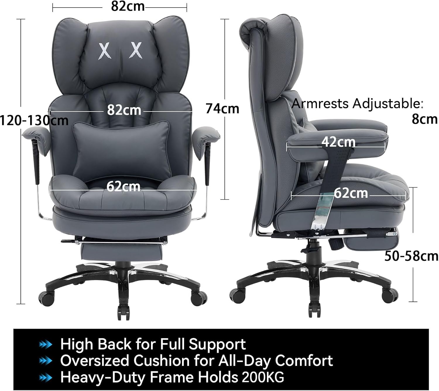 Gaming Chairs - Efomao Office Chair, X Embroidery Big and Tall PU Leather Chair for Home, Adjustable High-Backed Computer Gaming Chair, 200 kg Rotating Executive Chair with Footrest and Lumbar Support, Grey – Bild 2