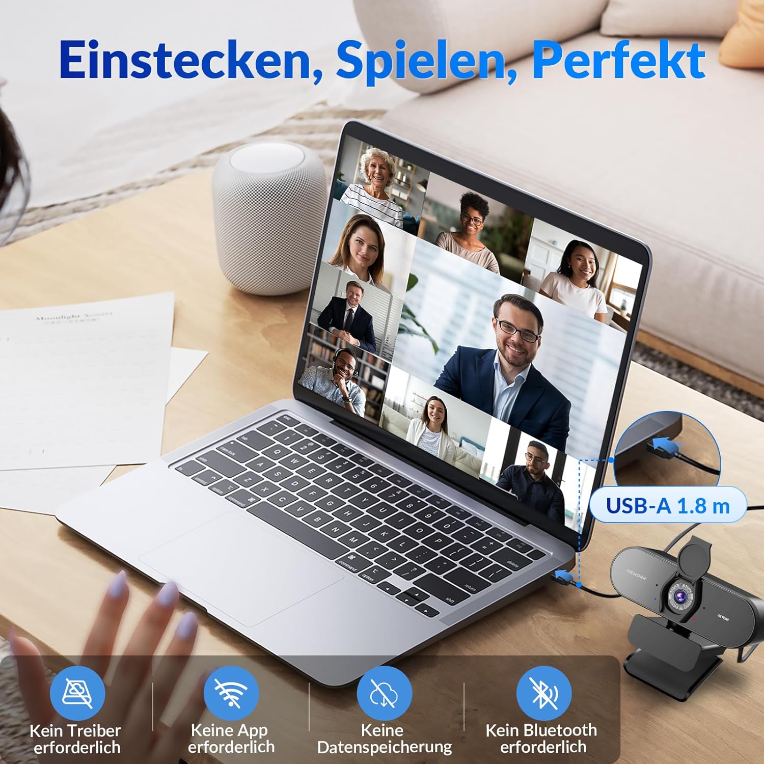 Webcam - 4K Webcam with PDAF & CDAF Dual Auto Focus, Ultra HD 4K, 2 Noise Reduction Microphones, Automatic Light Correction, USB-A, Privacy Cover, Streaming for PC/Mac/Laptop – Bild 6