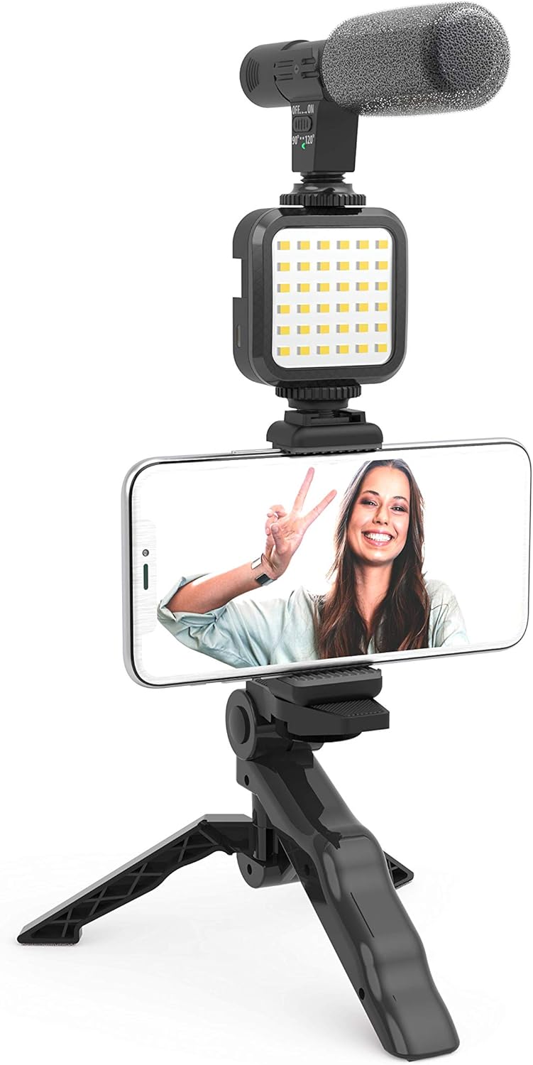 Streaming-Equipment - DigiPower Vlogging Set Like Me with LED Video Light + Microphone + Mobile Phone Holder + Handgrip / Mini Tripod Compatible with Smartphones for TikTok, YouTube, Live Streaming and Meetings