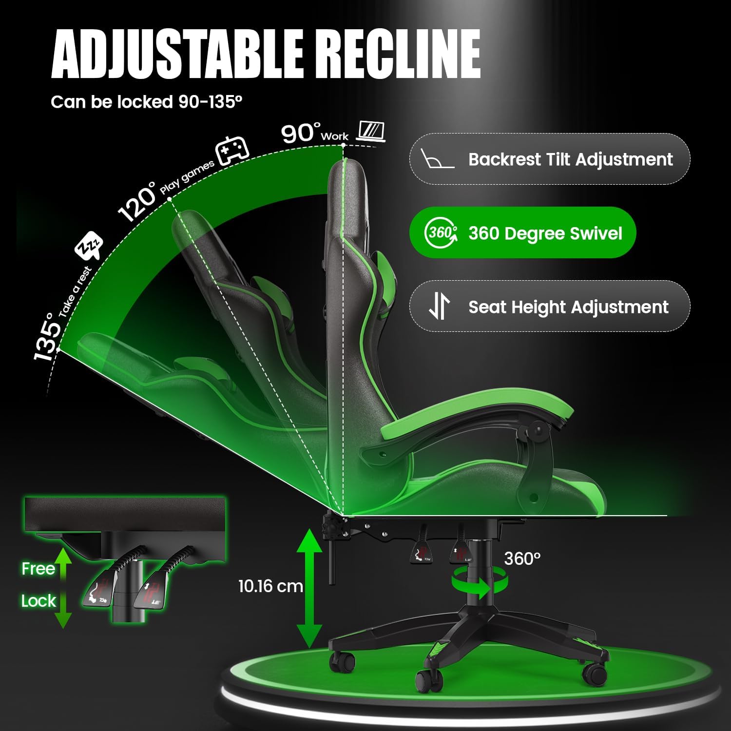 Gaming Chairs - Gaming Chair Ergonomic PC Chair Gaming Height Tilt Angle Adjustable, PU Leather with Padding Headrest, Gamer Chair for Children Teenagers Adults Gaming Office (Black/Green) – Bild 8