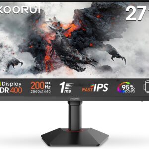 Gaming PC & Gaming Monitors – KOORUI G2722P 27 Inch Gaming Monitor, 200Hz PC Screen, QHD 2560 x 1440 Fast IPS, 1ms, HDR400, Adaptive Sync HDMI 2.0 & DP 1.4, VESA 75 x 75 mm, Height Adjustable & Rotatable