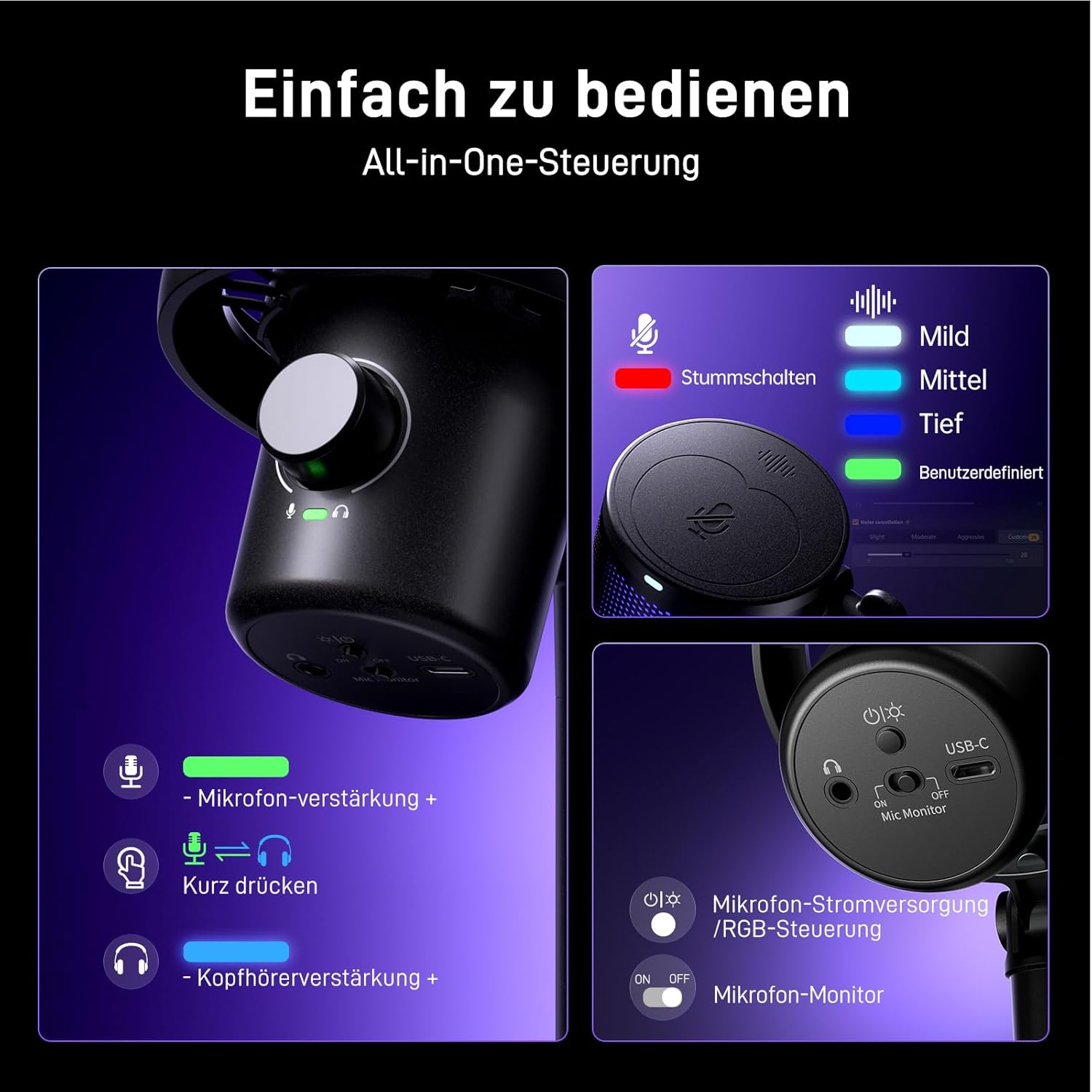 Streaming-Equipment - MAONO Wireless Microphone for PC, Microphone PC with Software AI Voice Change, 3-Stage Noise Reduction, Custom RGB Light, Mute for Gaming, Podcasting, Streaming, DM40 Pro Black – Bild 8