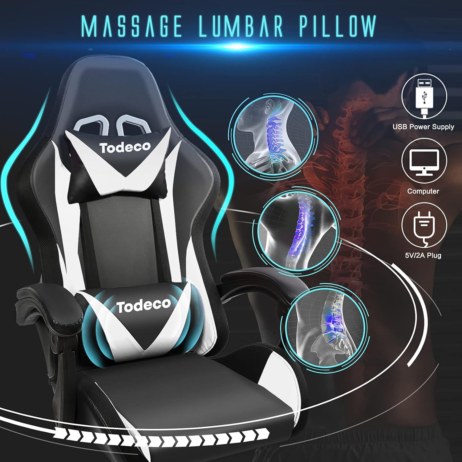 Gaming Chairs - Todeco Gaming Chair Massage with Light LED Racing Chair Gaming Chair Gamer Ergonomic Office Chair Adjustable Backrest Height Adjustable Swivel Chair with Headrest and Lumbar Cushion White – Bild 7