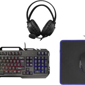 Gaming Tastatur & Maus – White Shark, Cheyenne Combo 4-in-1 Gaming Set Consisting of Mouse with LED Lighting 4 Colours, Keyboard with Anti-Ghosting Function, Gaming Headset with Microphone and Mouse Mat, Black