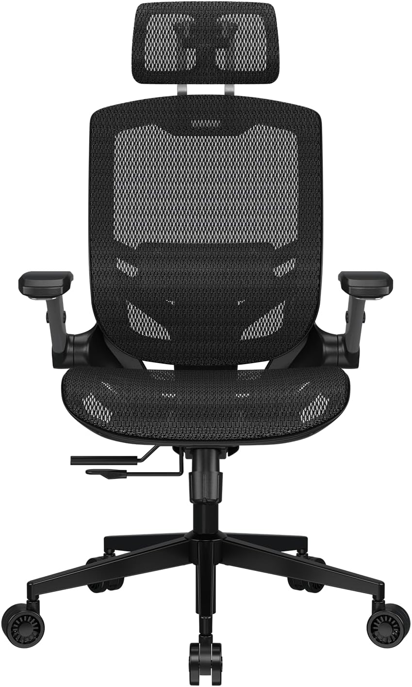Gaming Chairs - COUGAR Speeder One Ergonomic Gaming Chair: Body Friendly Mesh 2D Armrests Lumbar Support Adjustable Height Class 4 Gas Lift Cylinder Plus Size Wheels Black