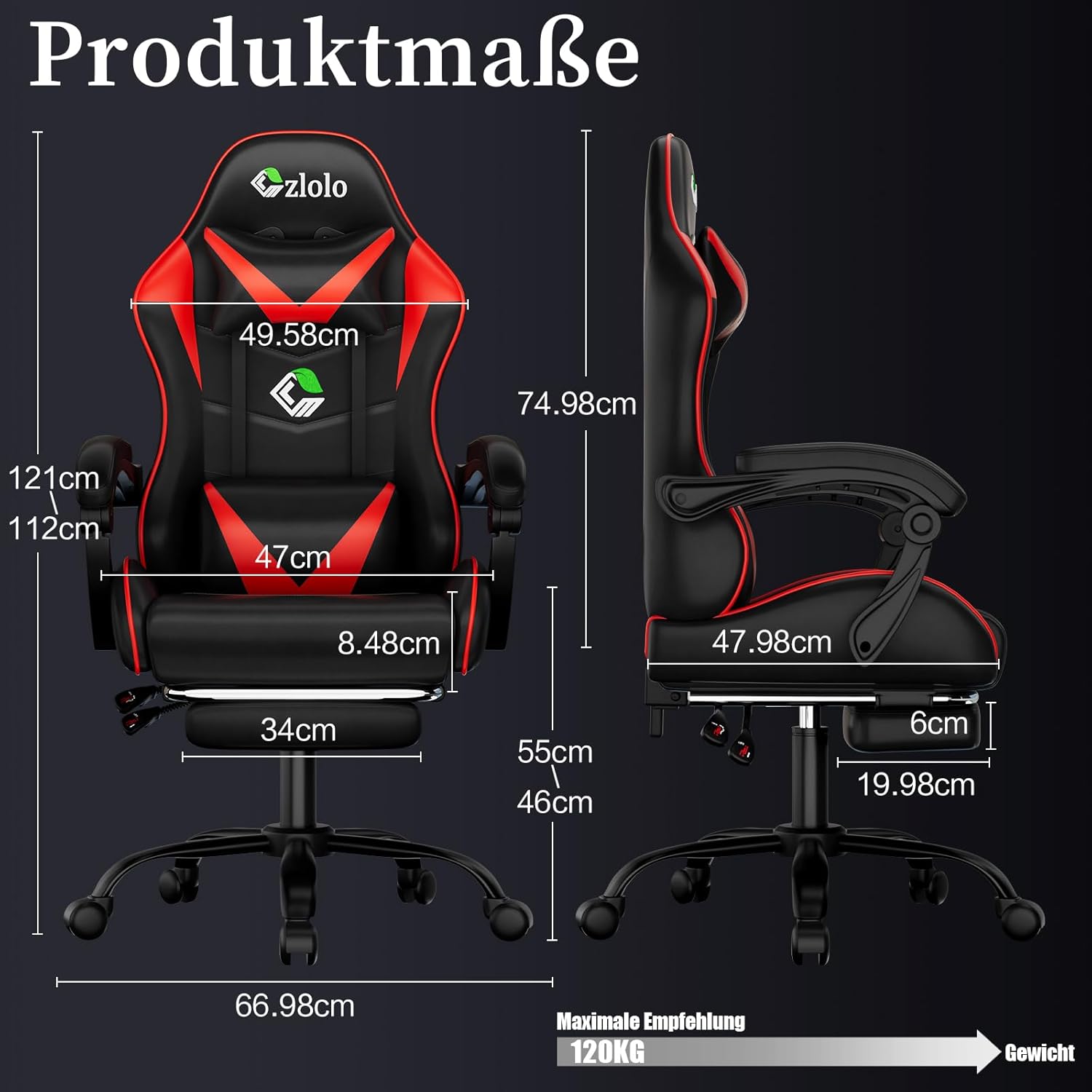 Gaming Chairs - Gaming Chair, PC Gaming Chair for Teenagers and Children, Ergonomic Office Chair with Footrests, Gaming Chair with Headrest and Measurement Function, Height Adjustable, Red – Bild 2