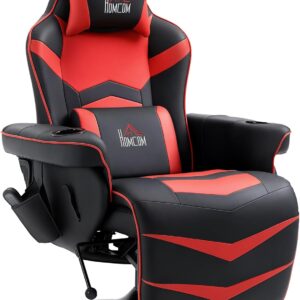 Gaming Chairs – HOMCOM Recliner Chair, Electric TV Chair, Massage Chair with Reclining Function, Massage, 360° Rotatable TV Chair with Remote Control, Cup Holder, Side Pocket, for Living Room, Faux Leather, Red