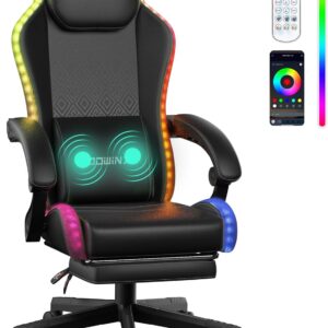 Gaming Chairs – Dowinx Gaming Chair with RGB Lights, LED Gaming Chair with Footrest for Adults, Ergonomic Gaming Chair with Massage Lumbar Support, Video Game Chair, PU Leather, Black