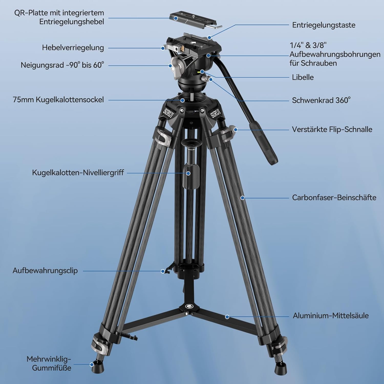 Streaming-Equipment - SIRUI AVT-12 Carbon Video Tripod with Liquid Head, 185 cm Professional Camera Tripod, Quick Release Plate, Load Capacity 15 kg, Lightweight (3.3 kg) for DSLR, Camcorder, Live Streaming – Bild 2