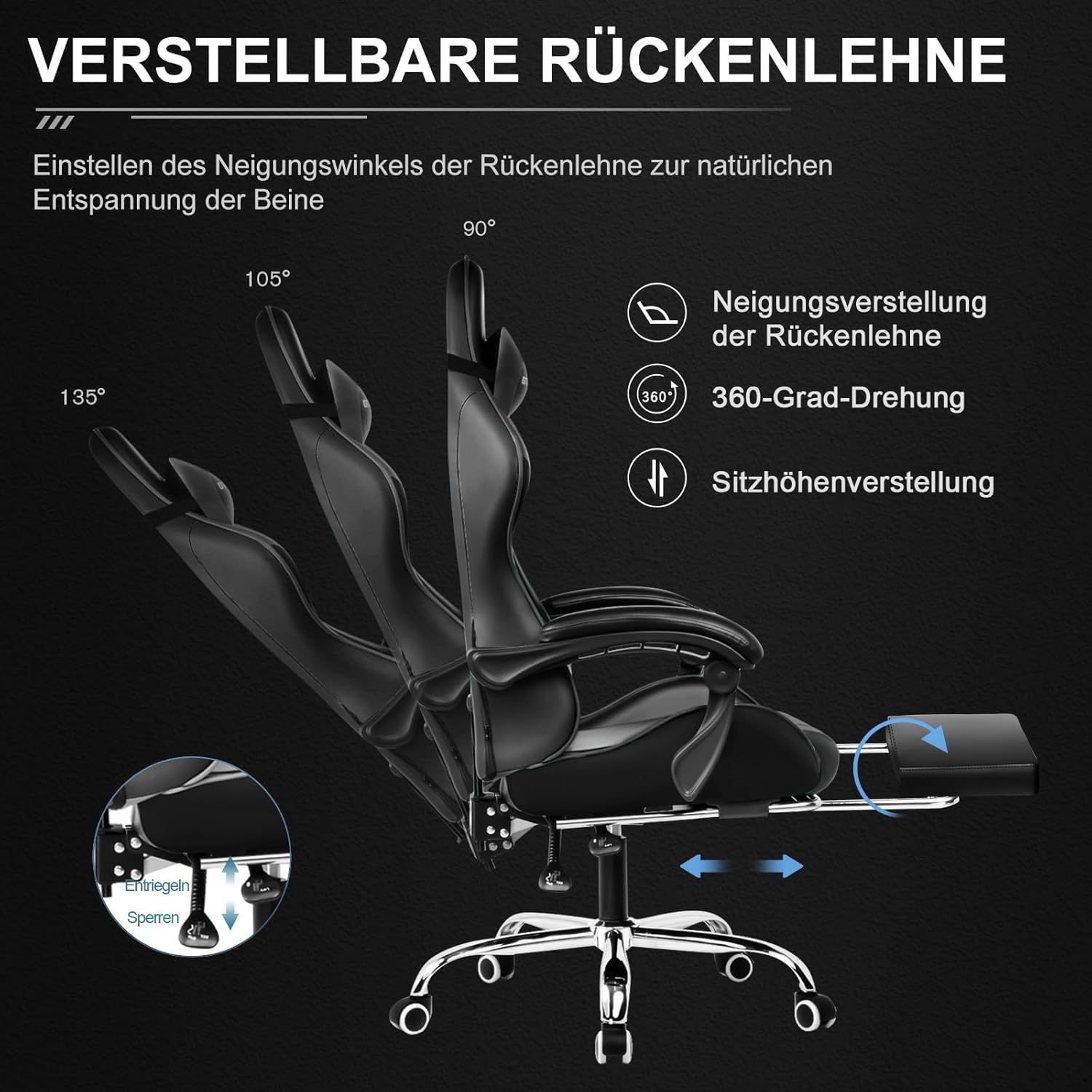 Gaming Chairs - GTPLAYER Office Chair Gaming Chair Massage Gaming Chair Ergonomic Gamer Chair with Footrest Headrest Massage Lumbar Cushion Padded Game Chair Swivel Chair Black – Bild 6