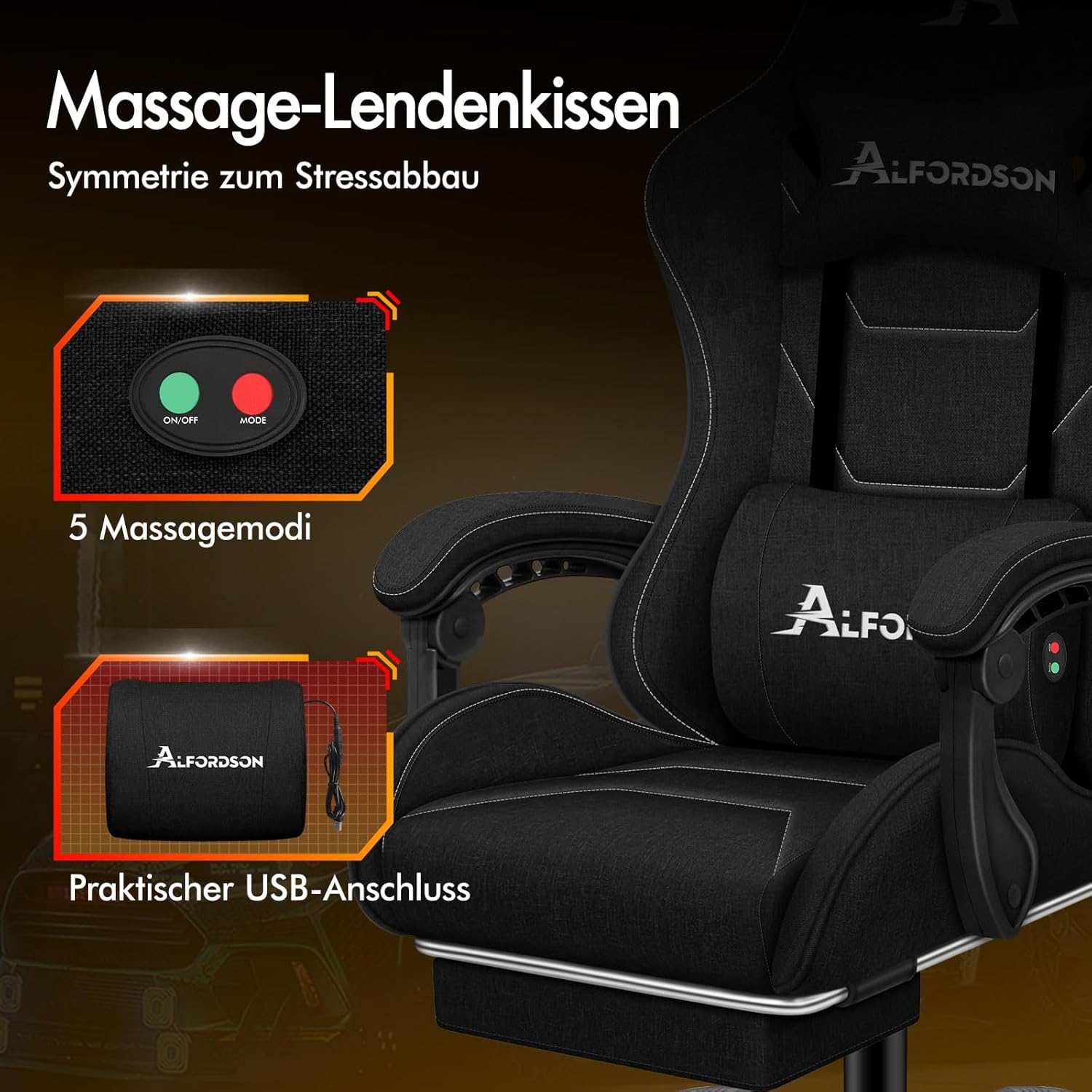 Gaming Chairs - ALFORDSON Office Chair, Gaming Chair, Massage Gaming Chair, Ergonomic Gamer Chair with Footrest, Headrest, Massage Lumbar Cushion, Padded, Swivel Chair Made of Linen Fabric, Black – Bild 4