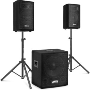 Streaming-Equipment – Vonyx VX1015BT Mobile PA System Complete Set, PA System Active with Bluetooth Complete Set, 1000 Watt DJ Boxes, PA Speaker, PA Speaker, PA System, 2 x Top Speakers, 1 x Subwoofer, Cable, Tripods, Bag