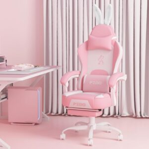Gaming Chairs – Pink Gaming Chair with Removable Decoration, Padded Gaming Chair, Desk Chair, Office Chair, PC Computer Chair with Footrest, Teenagers, Girls, Adults, Gift (Pink-White)