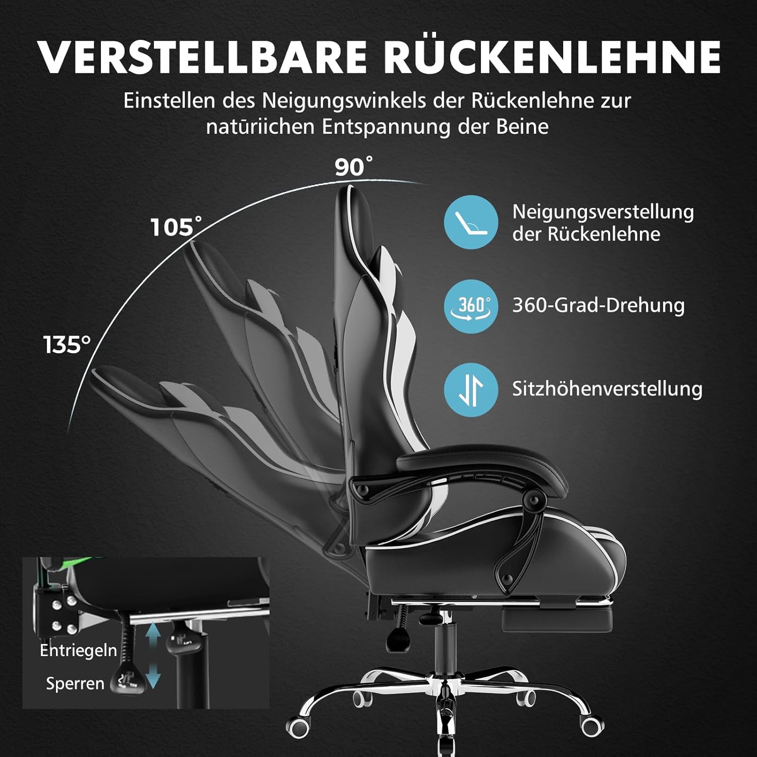 Gaming Chairs - GTPLAYER Gaming Chair Office Chair Massage Gaming Chair Ergonomic Gamer Chair with Footrest Headrest Massage Lumbar Cushion Padded Gaming Chair Swivel Chair White – Bild 6