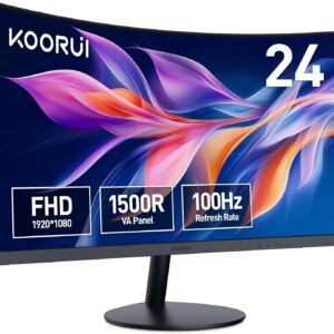 Gaming PC & Gaming Monitors – KOORUI Curved Monitor – 23.6 Inch (61 cm) FHD Curved Computer Monitor, VA Panel, 60 Hz, 1800R Curvature, Tilt Adjustment, Eye Care, HDMI, VGA Gaming Monitor, Black 24N5C