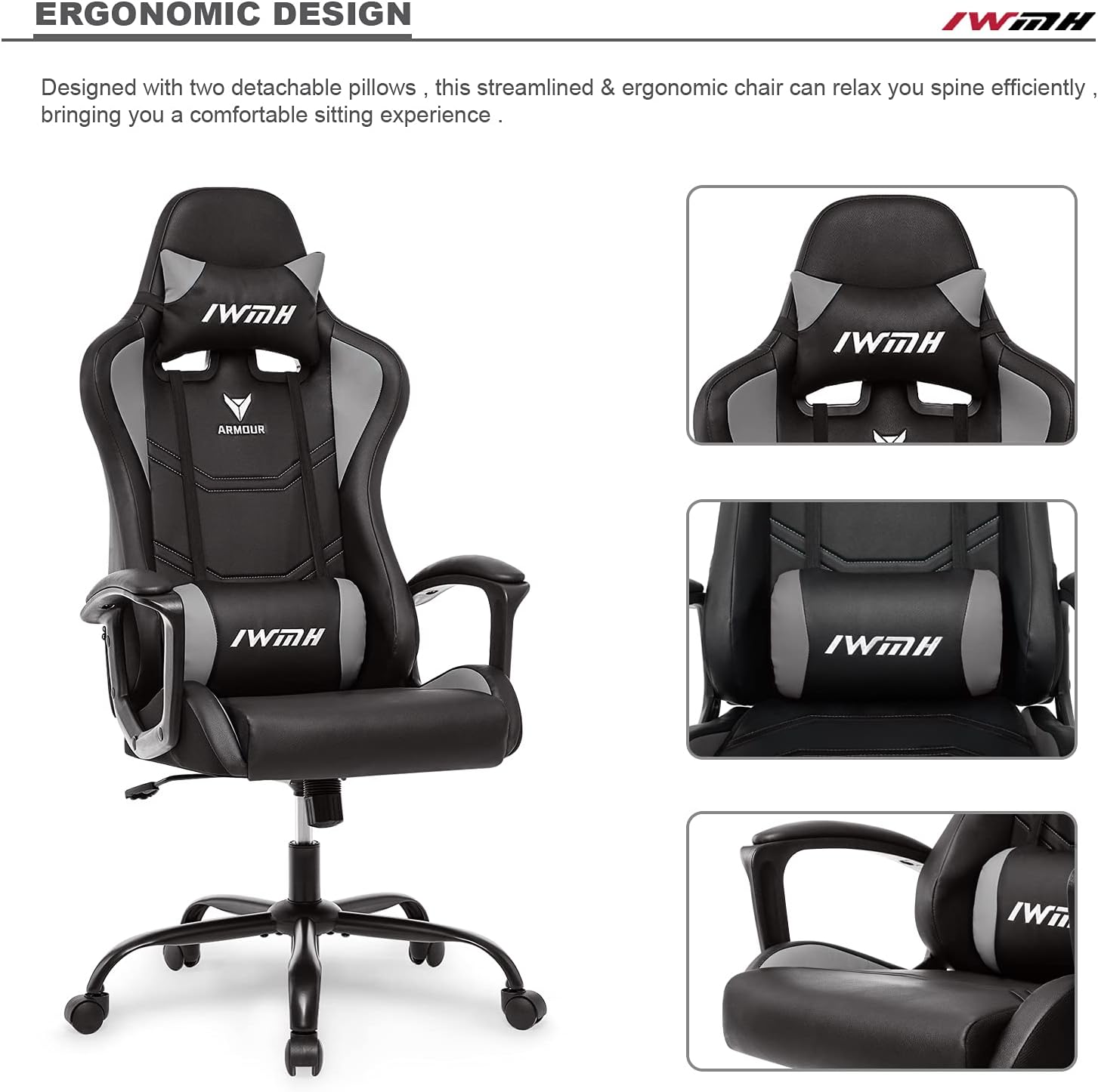 Gaming Chairs - IWMH Gaming Chair, Ergonomic Computer Chair with High Backrest, Height-Adjustable Swivel Chair, Racing Chair with Armrests, Adjustable Headrest and Lumbar Support (Grey) – Bild 4