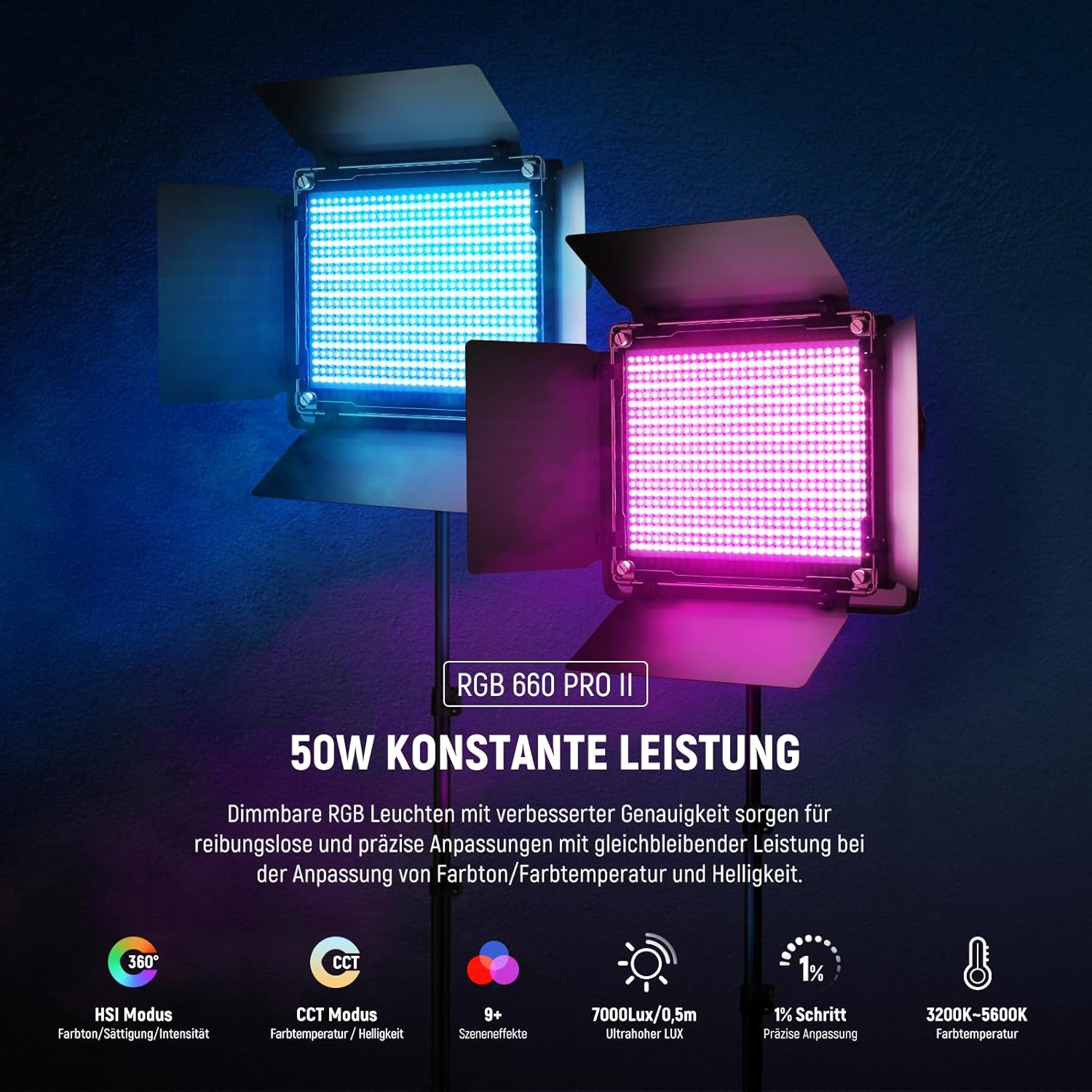Streaming-Equipment - NEEWER Upgraded RGB LED Studio Video Light with Tripod Stand, App Control 50W 7000Lx CRI97+ 3200-5600K Dimmable Panel Key Light Set for Game Streaming, YouTube Recording, Photography, RGB660 PRO II – Bild 2