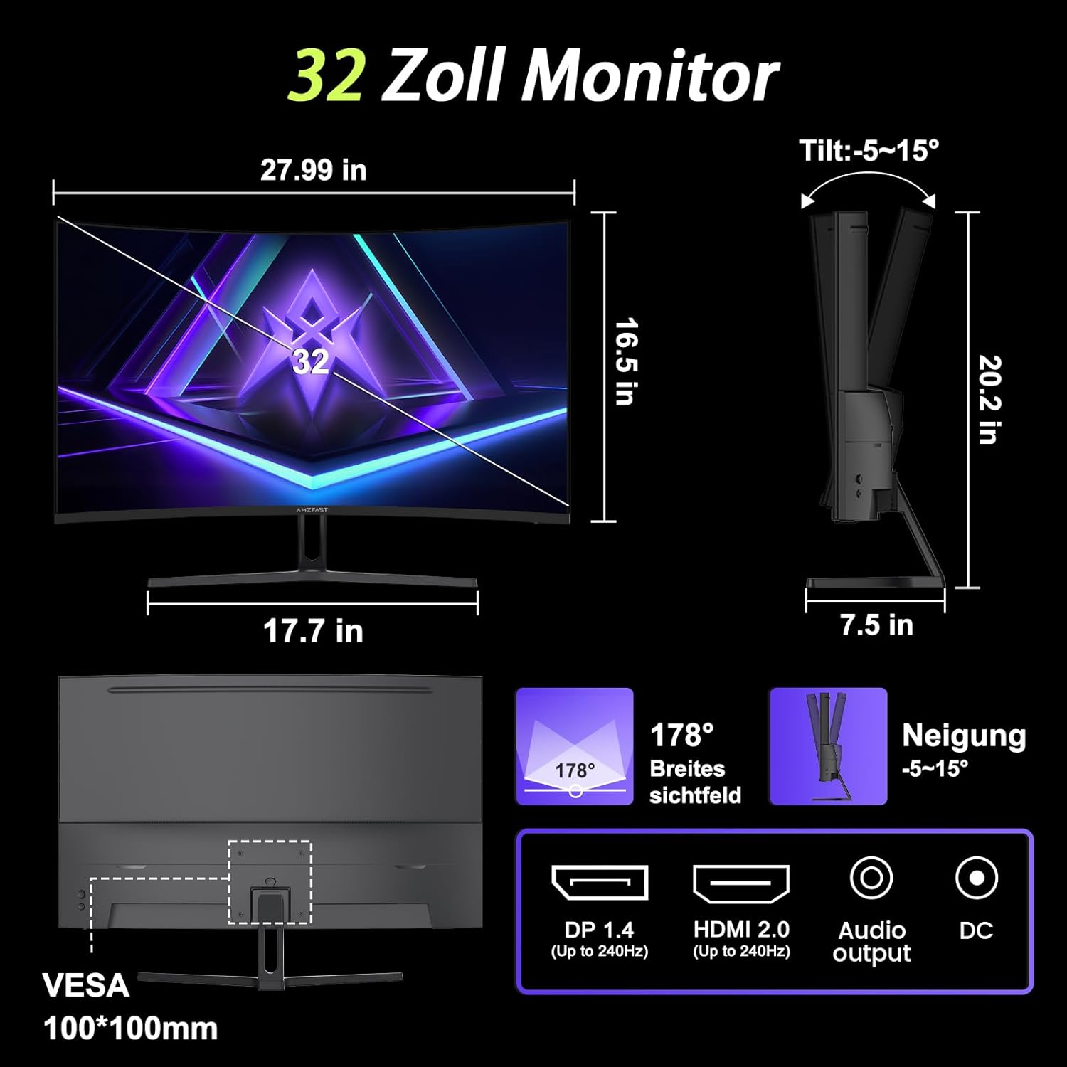 Gaming PC & Gaming Monitors - Amzfast AMZG32C1F Curved Gaming Monitor 32" 240Hz FHD 1ms MPRT Adaptive Sync sRGB 120% HDR Flicker Free Low Blue Light HDMI 2.0/DP 1.4 – Bild 9