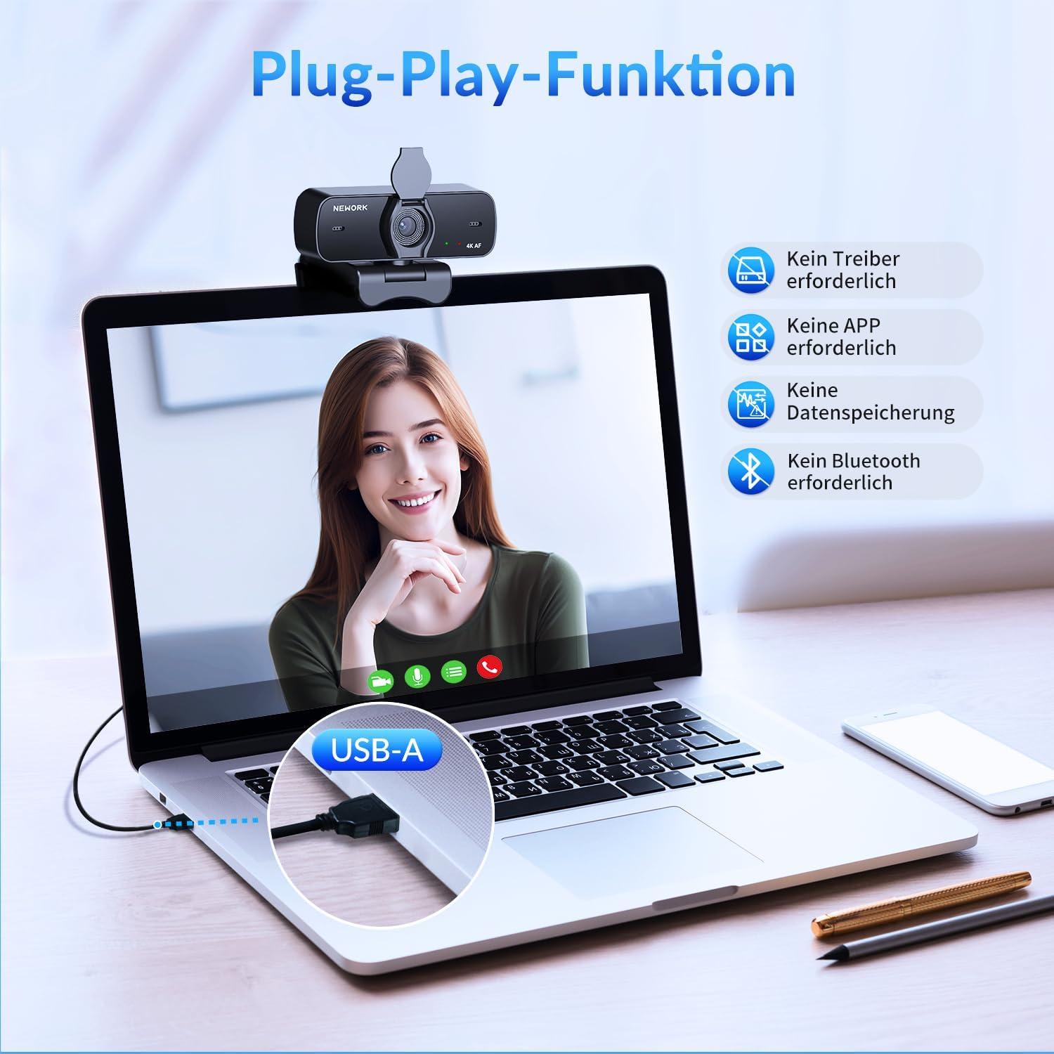 Webcam - 4K PC Webcam with Sony Sensor, Auto Focus and Privacy Cover, Ultra HD 4K Streaming Camera, 2 Noise Cancelling Microphones, USB Plug & Play, 77° FOV, Webcam for Zoom, Skype – Bild 6