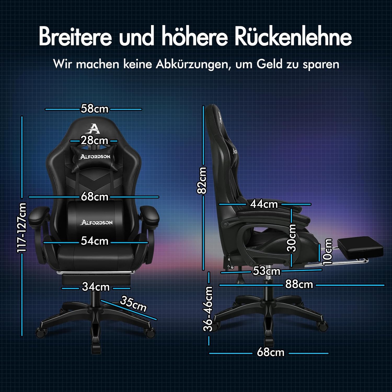 Gaming Chairs - ALFORDSON Gaming Chair with 8-Point Massage 12 Colours RGB LED Light, Office Chair Ergonomic with Footrests, Headrest Lumbar Cushion for Children Adults, Black – Bild 5