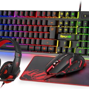 Gaming Tastatur & Maus – Gaming Keyboard and Mouse Set with Headset, QWERTZ DE Layout, RGB Illuminated Keyboard, 4 Colours LED Gaming Mouse, Over-Ear Headphones, Large Mouse Mat, USB Wired for PC Mac PS5 Xbox