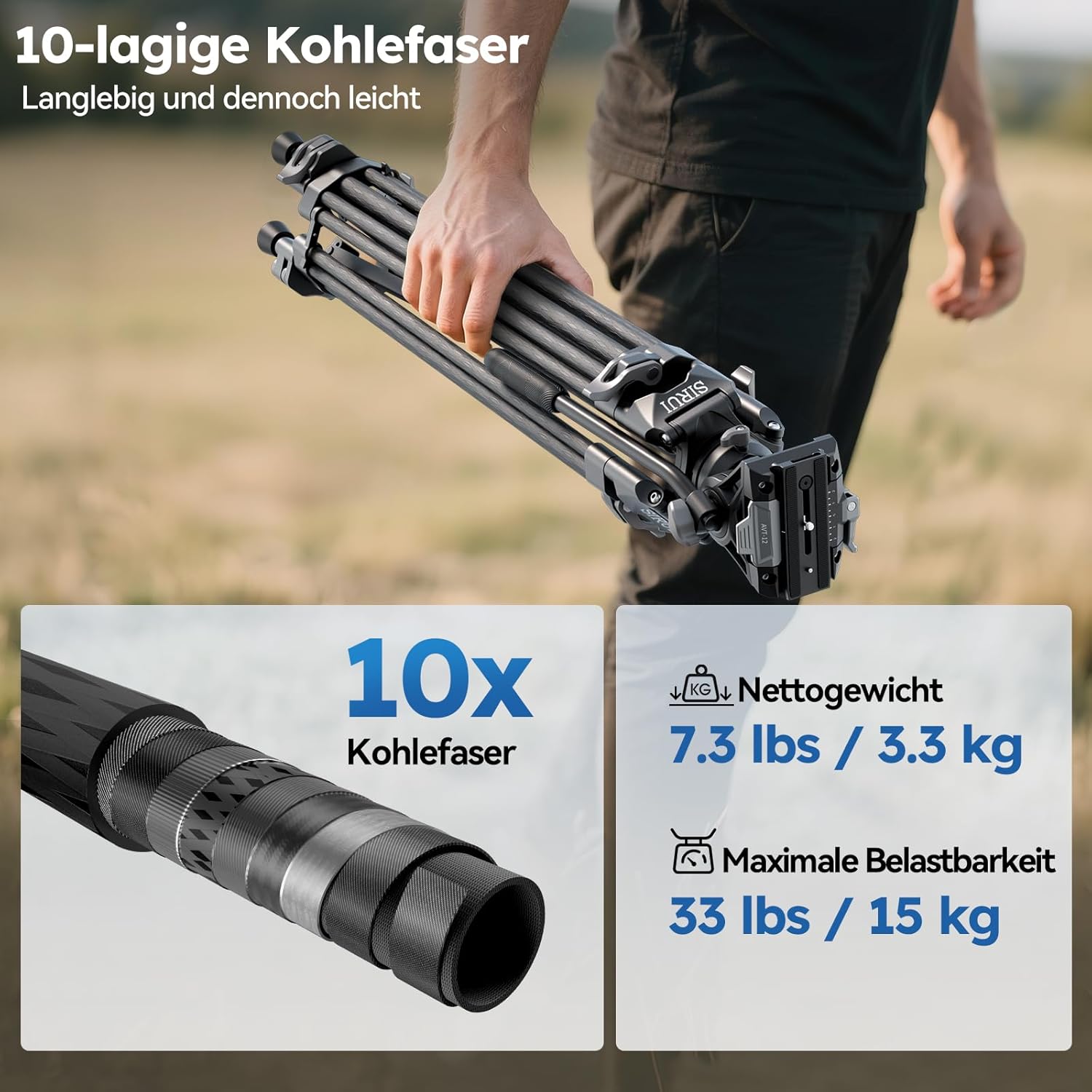 Streaming-Equipment - SIRUI AVT-12 Carbon Video Tripod with Liquid Head, 185 cm Professional Camera Tripod, Quick Release Plate, Load Capacity 15 kg, Lightweight (3.3 kg) for DSLR, Camcorder, Live Streaming – Bild 4