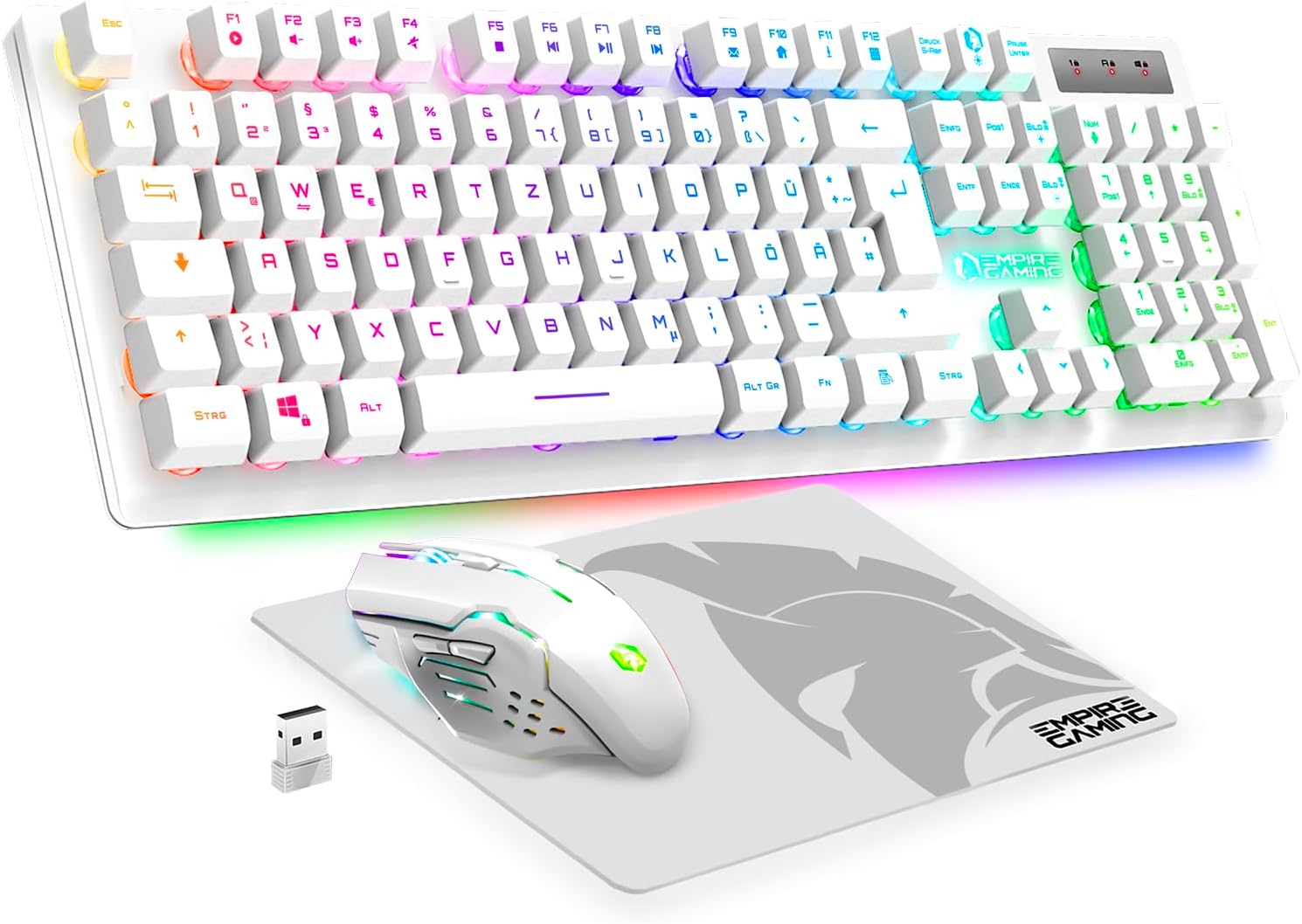 Gaming Tastatur & Maus - EMPIRE GAMING - Armor RF800 Wireless Rechargeable Gaming Keyboard and Mouse Set QWERTZ (German Layout) - Keyboard 2.4GHz RGB - Mouse 4800 DPI with Mouse Pad - PC PS4 PS5 Xbox One/Series Mac - White