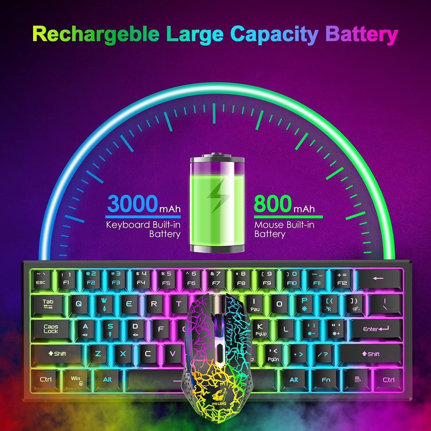Gaming Tastatur & Maus - 2.4GHz Keyboard Mouse Gaming Set Wireless Illuminated 61 Keys Rainbow 3800 mAh Rechargeable Mechanical Feel Keyboard, 2400 DPI Rainbow Light LED 6 Buttons Mouse, Compatible PC Black – Bild 3