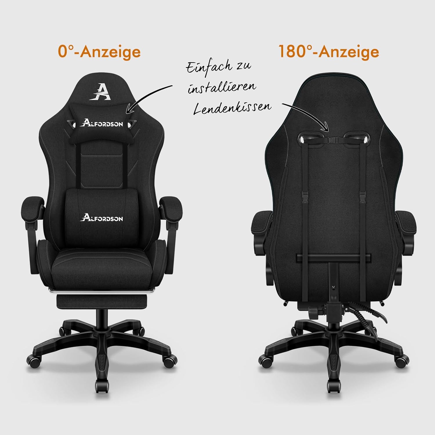 Gaming Chairs - ALFORDSON Office Chair, Gaming Chair, Massage Gaming Chair, Ergonomic Gamer Chair with Footrest, Headrest, Massage Lumbar Cushion, Padded, Swivel Chair Made of Linen Fabric, Black – Bild 11