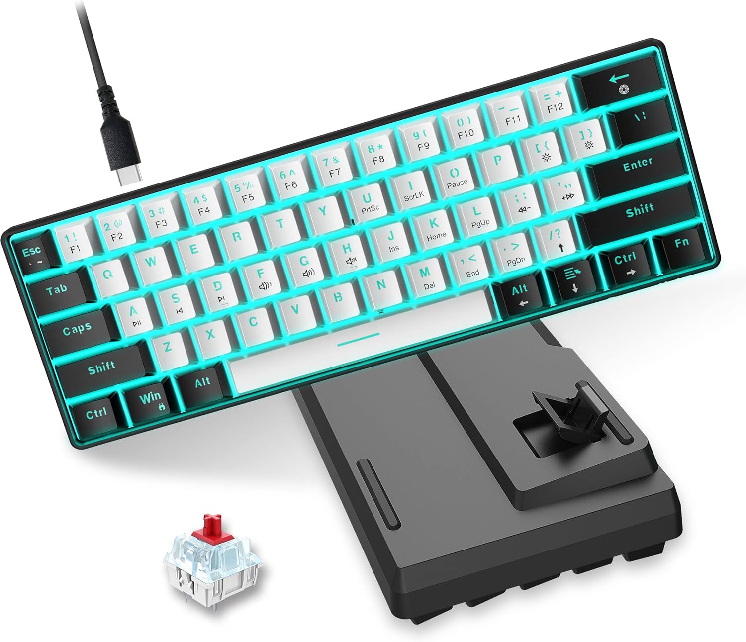 Gaming Tastatur & Maus - Snpurdiri 60% Wired Mechanical Gaming Keyboard, 61 Anti-Ghosting Keys, Blue LED Backlight, Ultra-Compact Two Stands (Red Switches/Black and White) – Bild 8