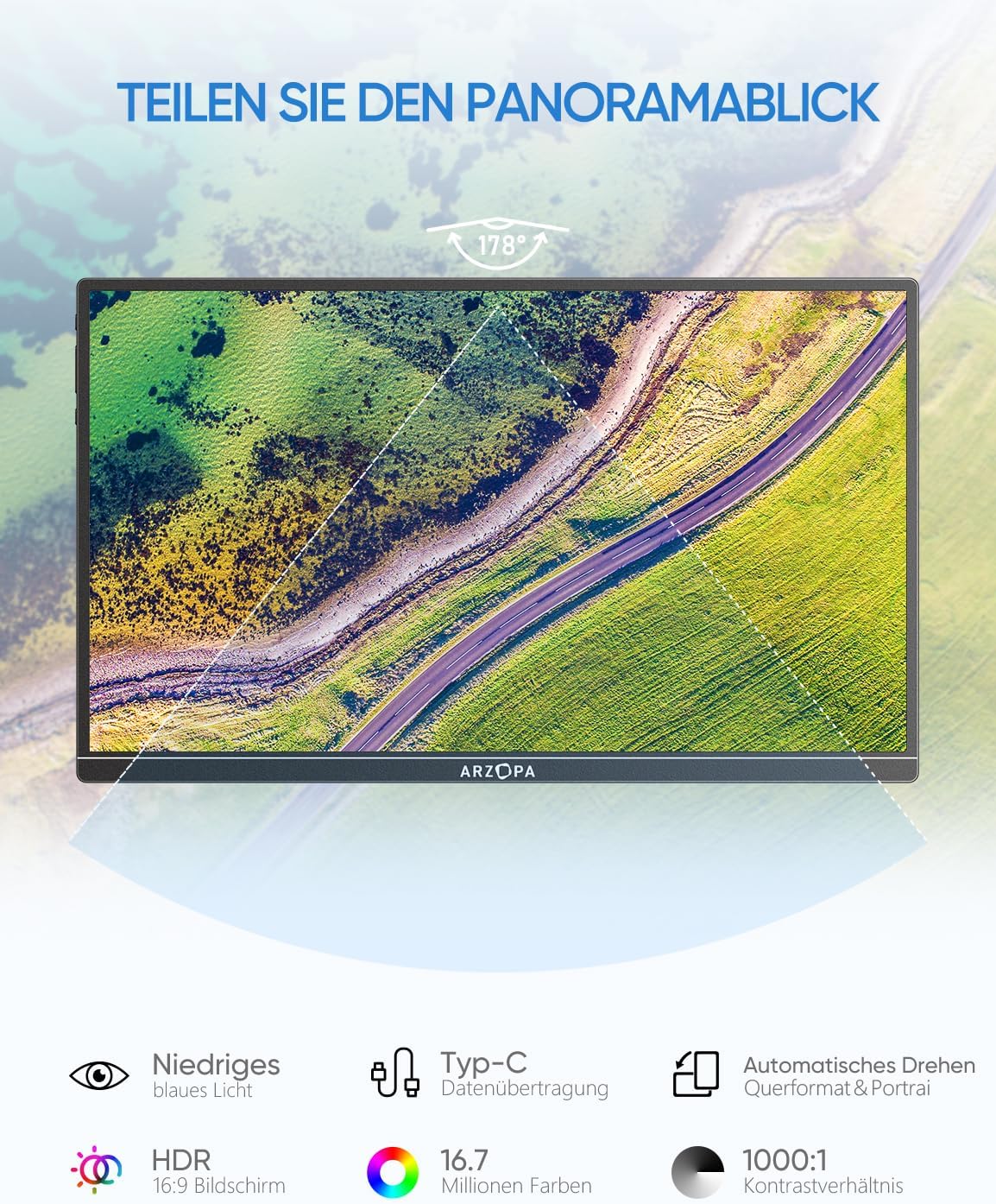 Gaming PC & Gaming Monitors - ARZOPA Portable Monitor, 14.0 Inch 1920 x 1080 FHD IPS Portable Monitor for Laptop with Single Rod, Supports HDMI/Type-C/USB-C, Eye Protection Gaming Screen for Laptop/PC/Mac/PS3/4/5/Xbox – Bild 3