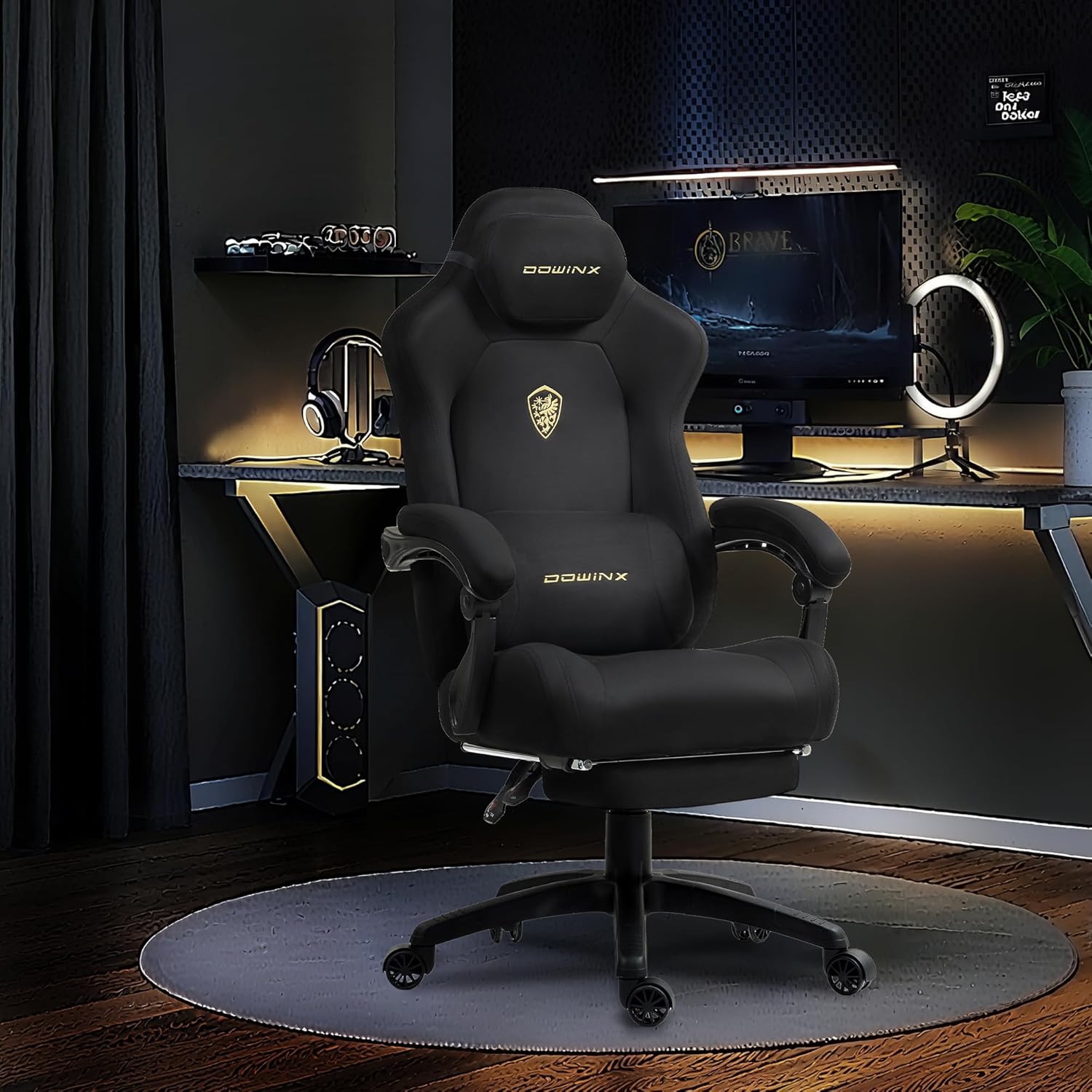 Gaming Chairs - Dowinx Ergonomic Gaming Chair with Massage Lumbar Cushion, Height-Adjustable Headrest, Thickened Seat Padding, Extendable Footrest, Adjustable Armrests, Microfibre Velour, 160° Tilt, Black – Bild 2