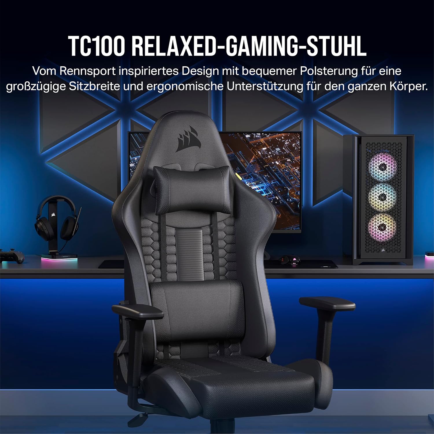 Gaming Chairs - Corsair TC100 Relaxed Gaming Chair - Faux Leather - Racing Inspired Design - Lumbar Cushion - Removable Memory Foam Neck Pillow - Adjustable Armrests - Black – Bild 4