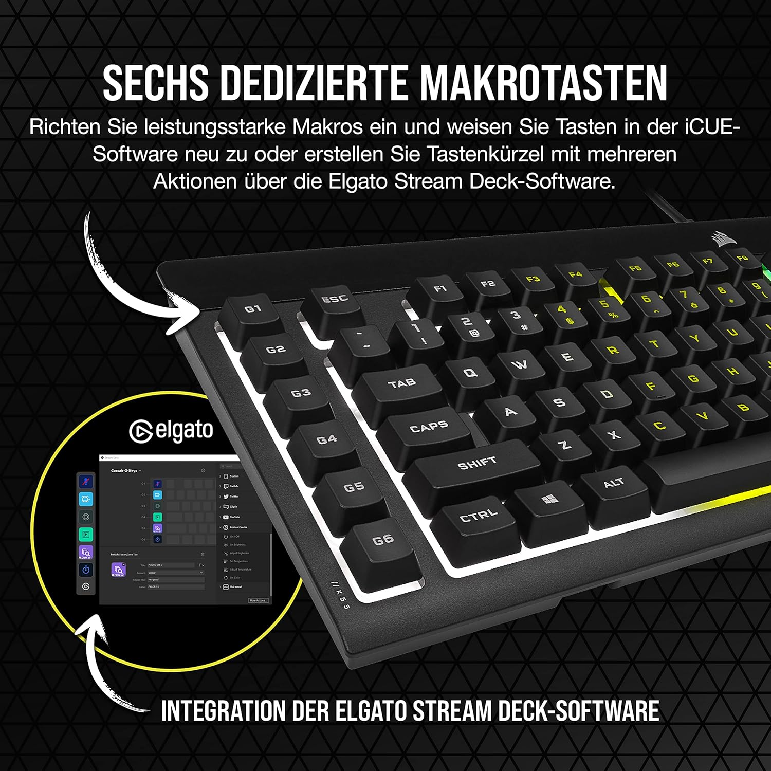 Gaming Tastatur & Maus - CORSAIR K55 RGB PRO Wired Membrane Gaming Keyboard (Dynamic RGB Backlight, 6 Macro Keys with Elgato Software Integration, IP42 Dust and Splash Protection), QWERTZ, Black. – Bild 5