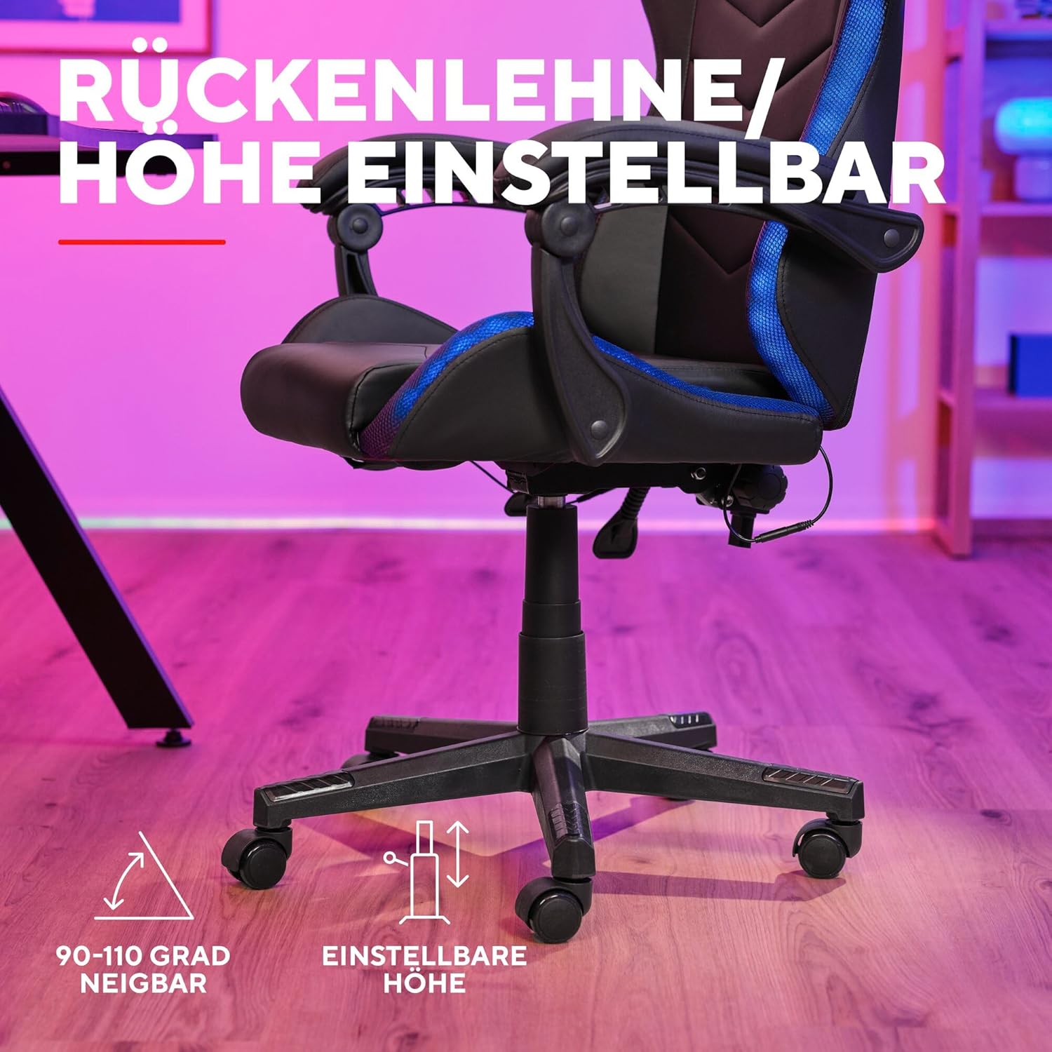 Gaming Chairs - GXTrust 704 Roniq Gaming Stuhl LED, 178 Farben und Effekten, Gepolsterte Armlehnen, Verstellbare Höhe und Rückenlehne, Gaming Chair Schreibtischstuhl mit RGB-Beleuchtung, Schwarz – Bild 6