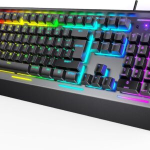 Gaming Tastatur & Maus – TECKNET RGB Gaming Keyboard for PC, Membrane Keyboard with 105 Keys, Full Metal Pane, Wrist Rest, 15-Zone RGB Lighting, 25 Anti-Ghosting Keys, Computer Keyboard, German Layout (QWERTZ)