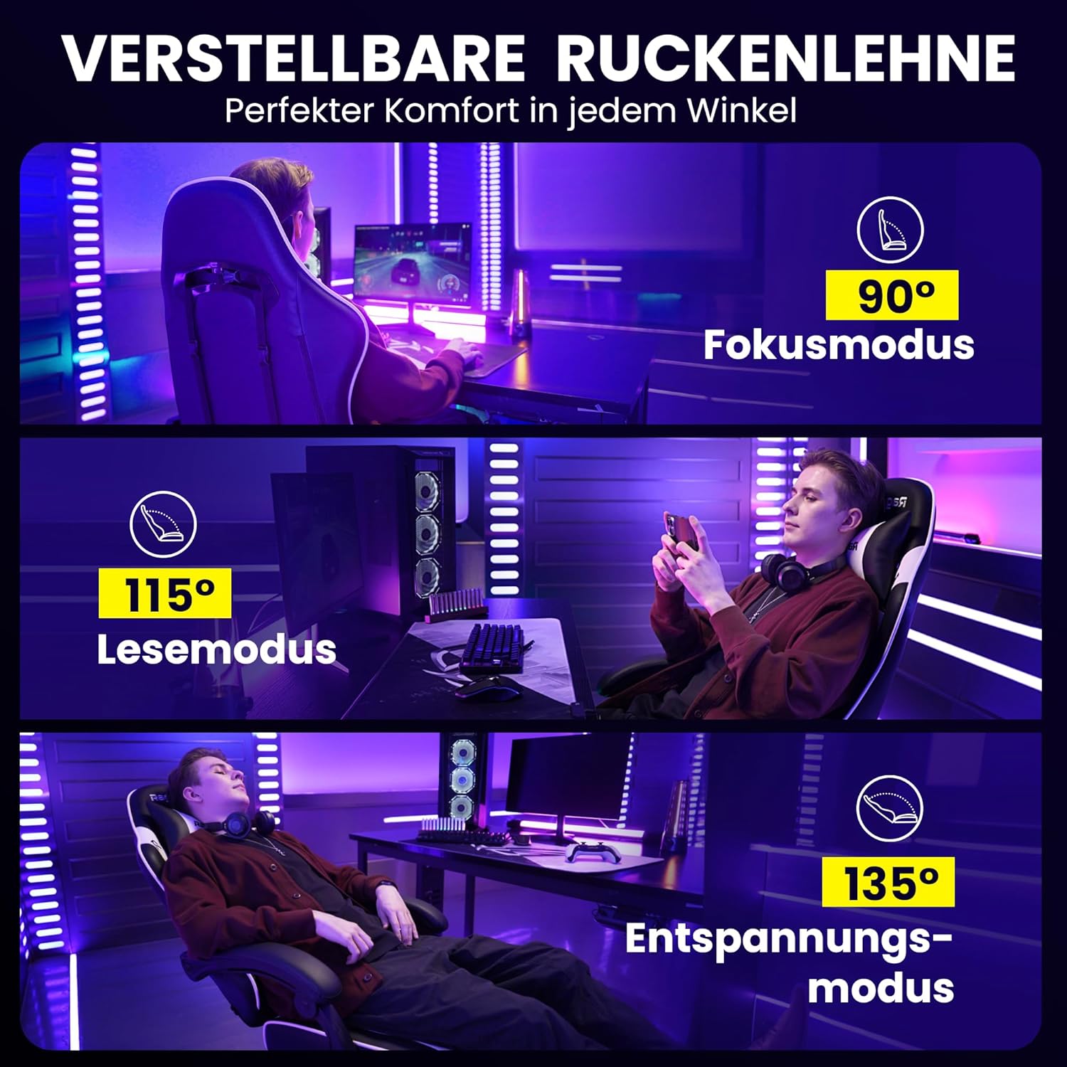 Gaming Chairs - Gaming Chair Gamer Chair - Ergonomic Gamer Chair with Footrest Headrest and Lumbar Support Height Adjustable Padded Gaming Chair 150 kg Load Capacity Black – Bild 9