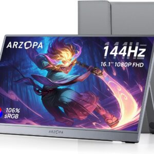 Gaming PC & Gaming Monitors – ARZOPA 16.1 Inch 144Hz Portable Monitor with Storage Bag, 106% sRGB FHD 1080P 144Hz Gaming Monitor, Ultra Slim – Eye Protection, External Second Screens for Laptop/PC/Mac/PS5/Xbox – Z1FC Grey