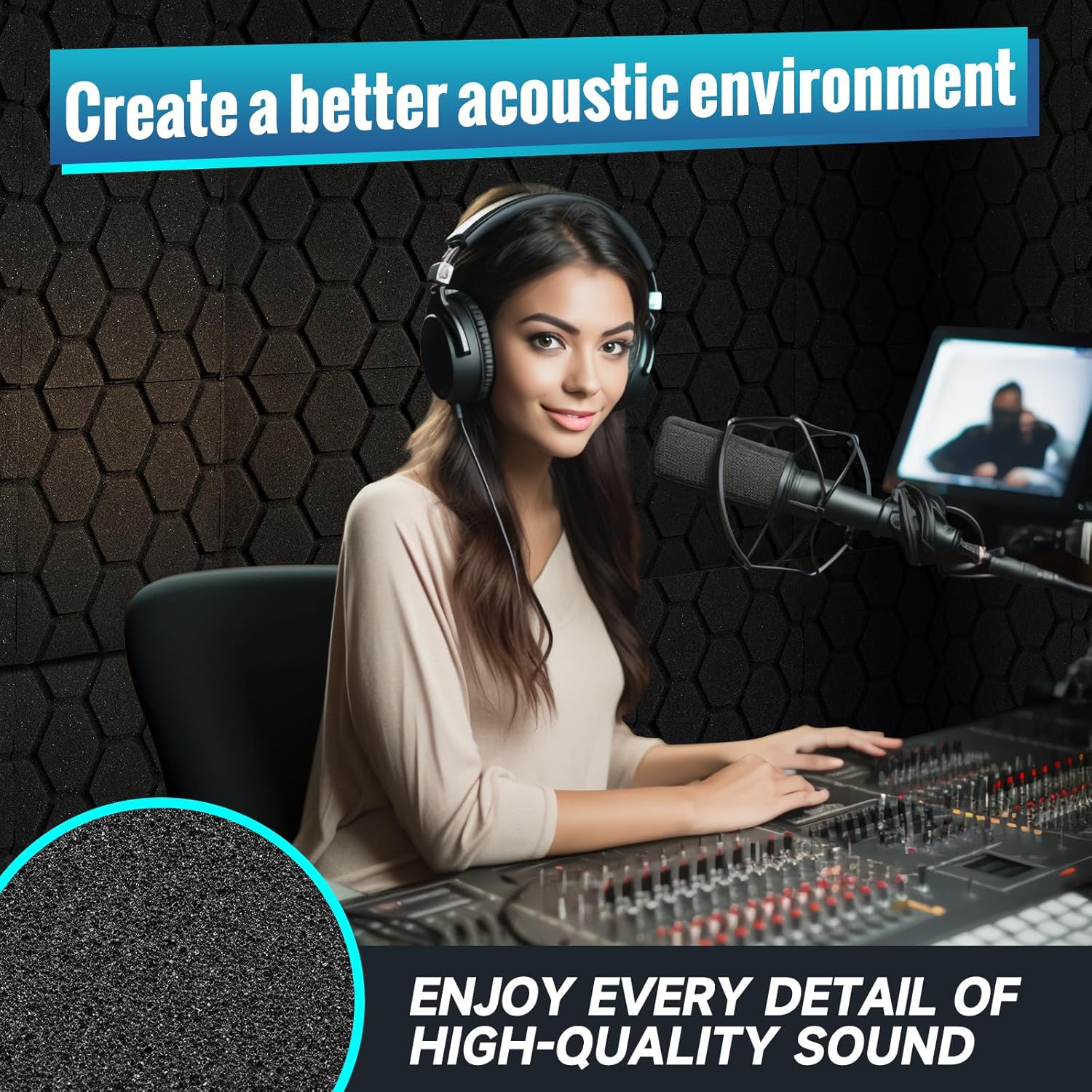 Streaming-Equipment - Acoustic Foam, Pack of 24, Acoustic Panels, Sound Absorber, 30 x 30 x 2.5 cm, Sound Insulation, Sound Insulation Mat, Podcast, Studio, Gaming Decoration, Streaming Accessories, Acoustic Panels, Black – Bild 7