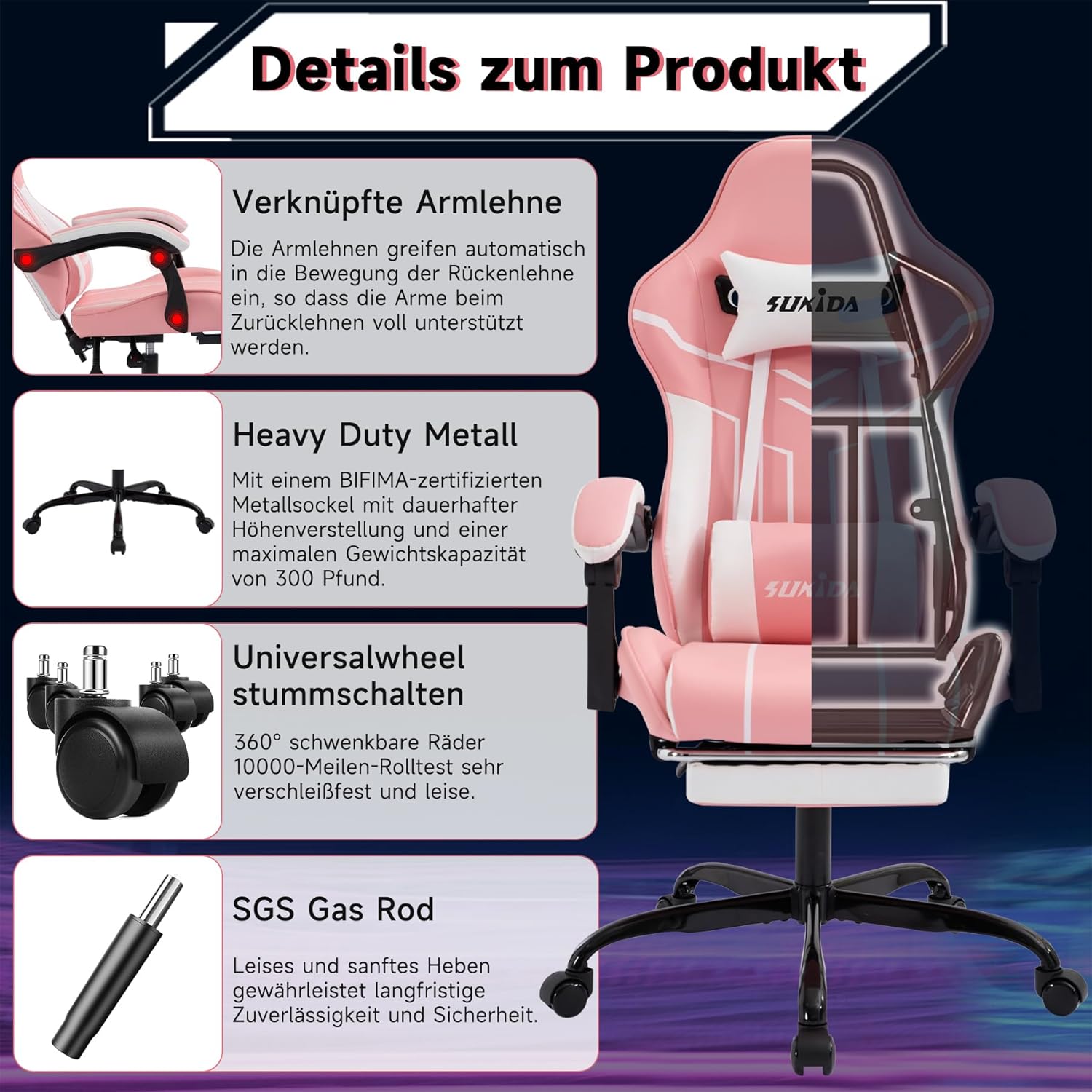 Gaming Chairs - SUKIDA Gaming Chair Computer Chair Ergonomic Gaming Chair with Footrest Office Chair Ergonomic Computer Chair with Lumbar Support Pink White – Bild 7