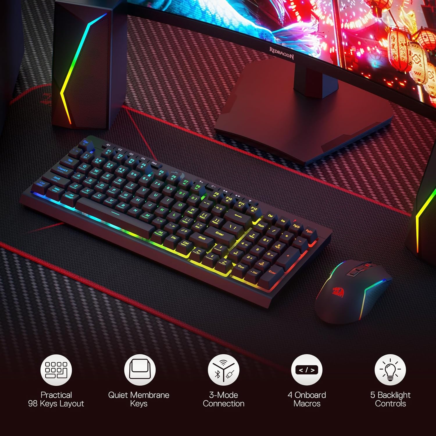 Gaming Tastatur & Maus - Redragon BS142 Wireless Gaming Keyboard and Mouse Combo - K515 PRO RGB Membrane Keyboard and M693 PRO Gaming Mouse in the Package, 98 Keys – Bild 2
