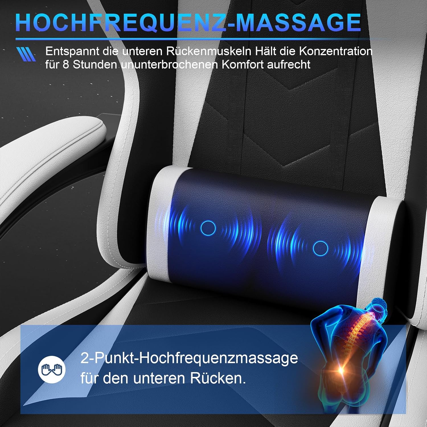 Gaming Chairs - JUMMICO Gaming Chair Massage, Office Chair Ergonomic with Massage Lumbar Cushion, Gamer Chair Adjustable Backrest 90-135° and Footrest, Gaming Chair 150 kg Load Capacity, White – Bild 4