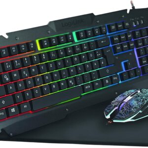 Gaming Tastatur & Maus – LogiLink ID0185 Gaming Set: Mouse (800-2400dpi – Illuminated) & Keyboard with Stunning Metal Surface + Rainbow LED Backlight & Gaming Mouse Mat (35 x 25 cm)
