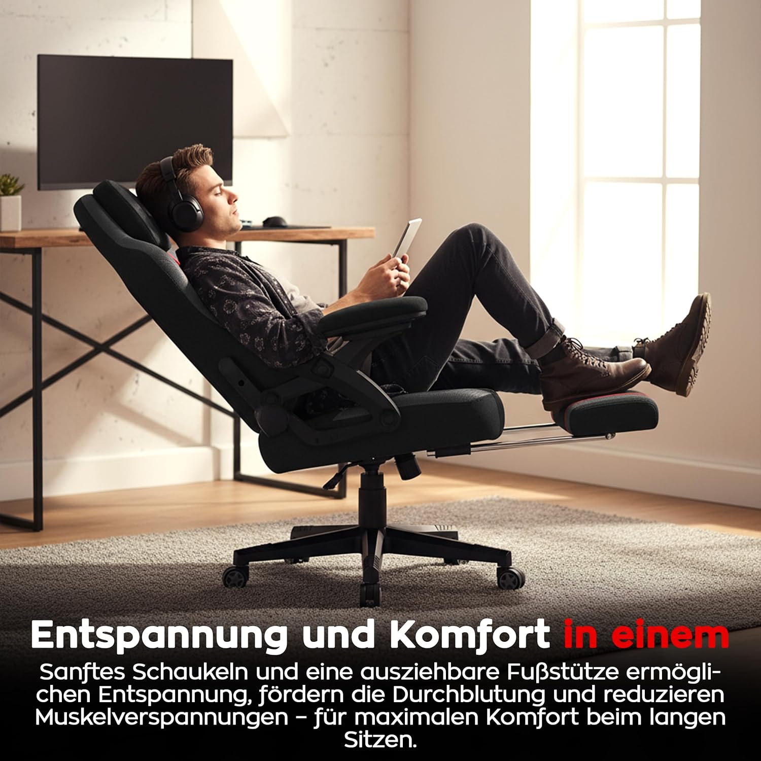 Gaming Chairs - huzaro Force 4.6 Carbon Gaming Chair with Footrest and SoftFlex Mechanism, Ergonomic Chair with Adjustable Headrests and Lumbar Cushion, for Gamers and Office, Pack of 1 – Bild 5