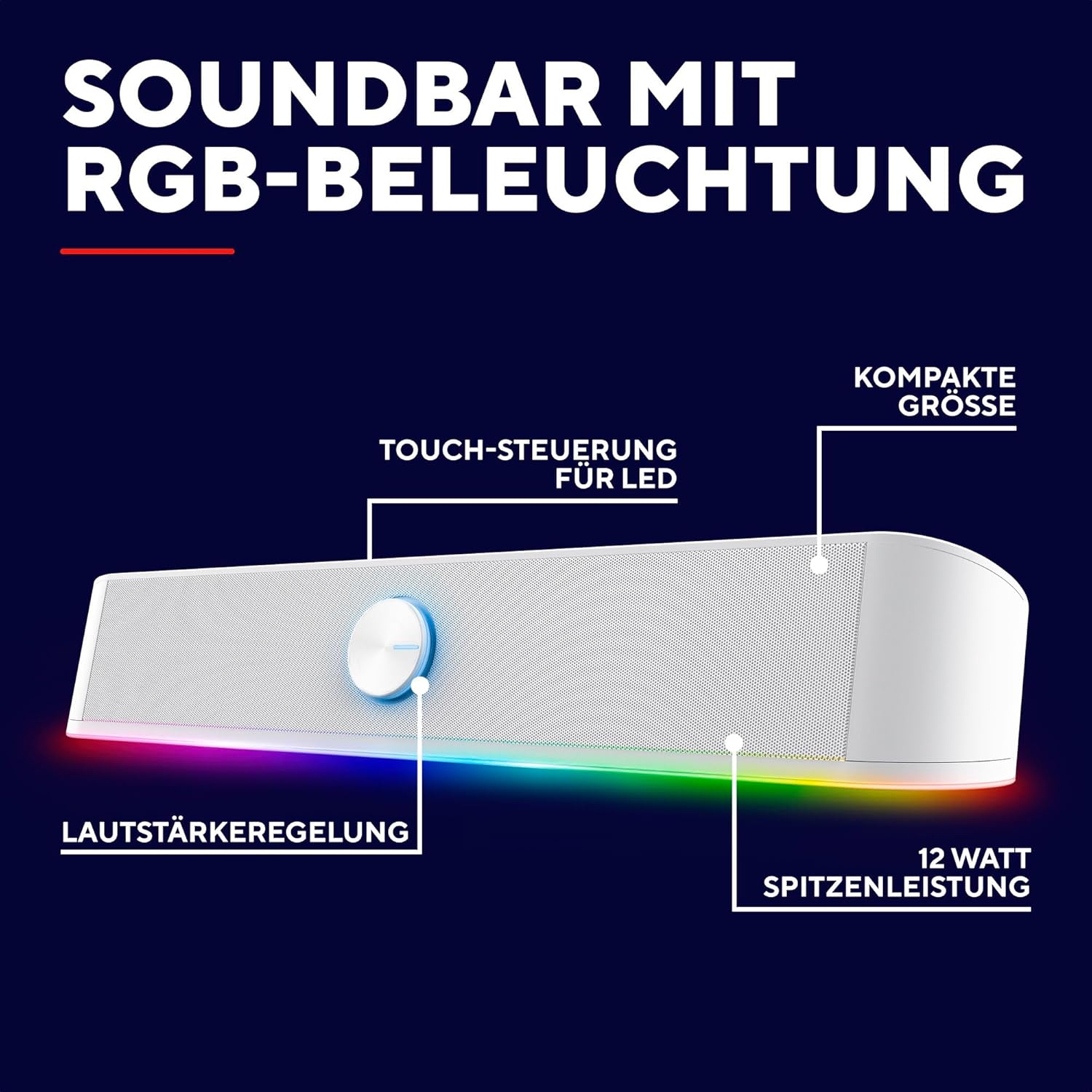 Gaming PC & Gaming Monitors - Trust Gaming GXTrust 1619W Rhox PC Soundbar with RGB Lighting 12W (6W RMS), Stereo Computer Boxes, USB Powered, 3.5 mm AUX Port, Small PC Speaker for Desktop TV Laptop, White – Bild 2