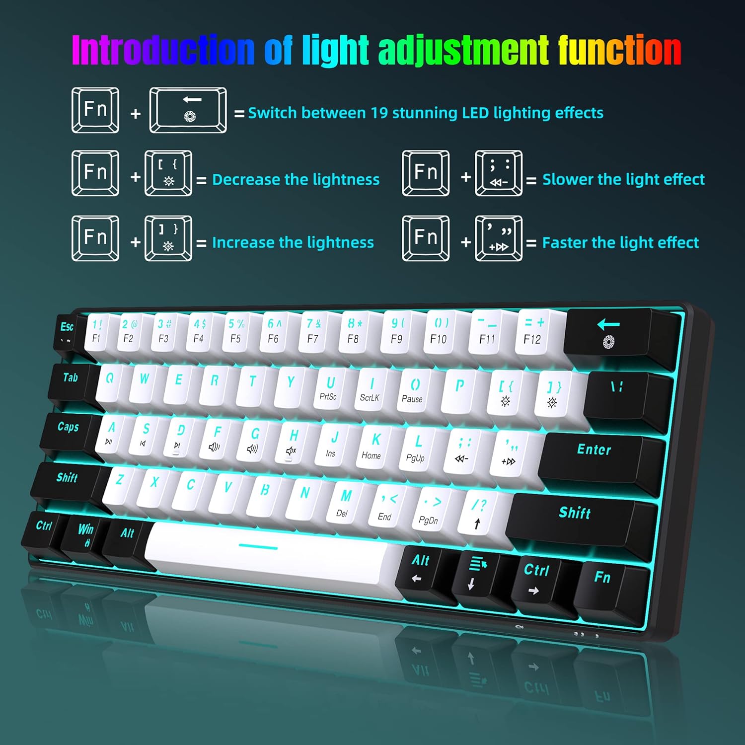 Gaming Tastatur & Maus - Snpurdiri 60% Wired Mechanical Gaming Keyboard, 61 Anti-Ghosting Keys, Blue LED Backlight, Ultra-Compact Two Stands (Red Switches/Black and White) – Bild 4