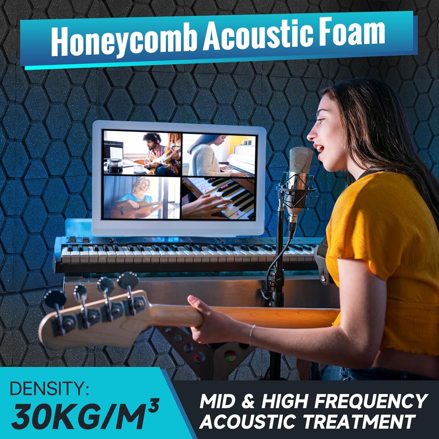 Streaming-Equipment - Acoustic Foam, Pack of 24, Acoustic Panels, Sound Absorber, 30 x 30 x 2.5 cm, Sound Insulation, Sound Insulation Mat, Podcast, Studio, Gaming Decoration, Streaming Accessories, Acoustic Panels, Black – Bild 2