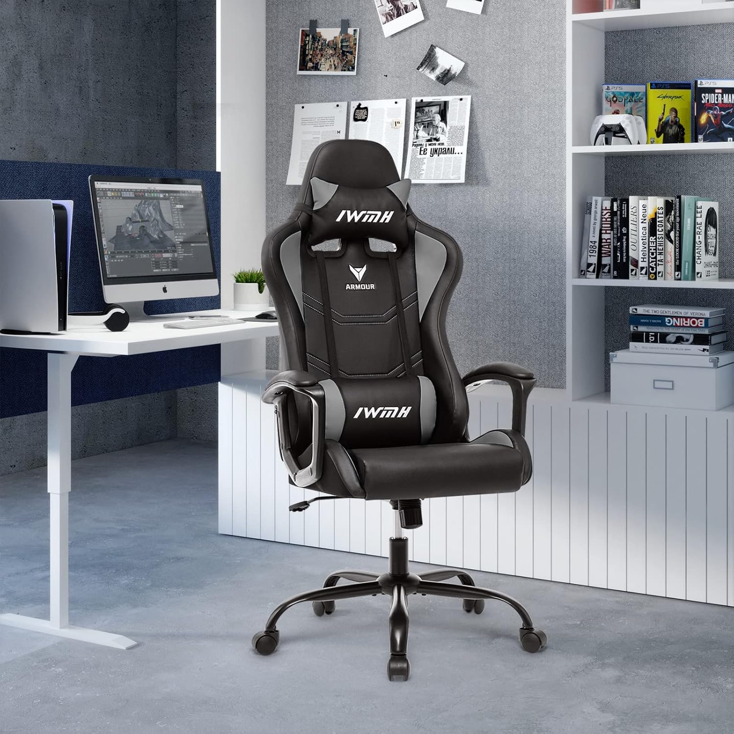 Gaming Chairs - IWMH Gaming Chair, Ergonomic Computer Chair with High Backrest, Height-Adjustable Swivel Chair, Racing Chair with Armrests, Adjustable Headrest and Lumbar Support (Grey) – Bild 7